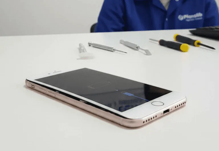 Un smartphone ouvert sur un plan de travail, à côté de ses outils