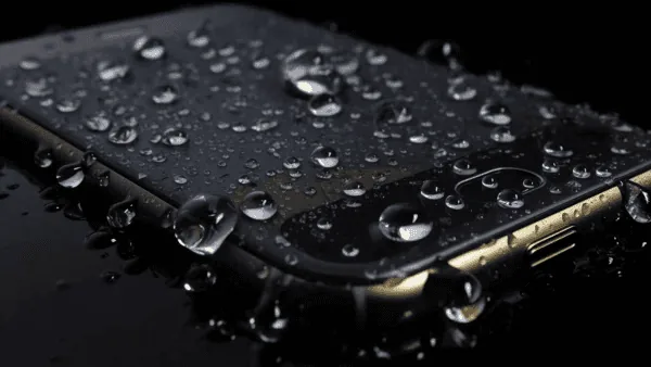 Un smartphone couvert de gouttes d’eau