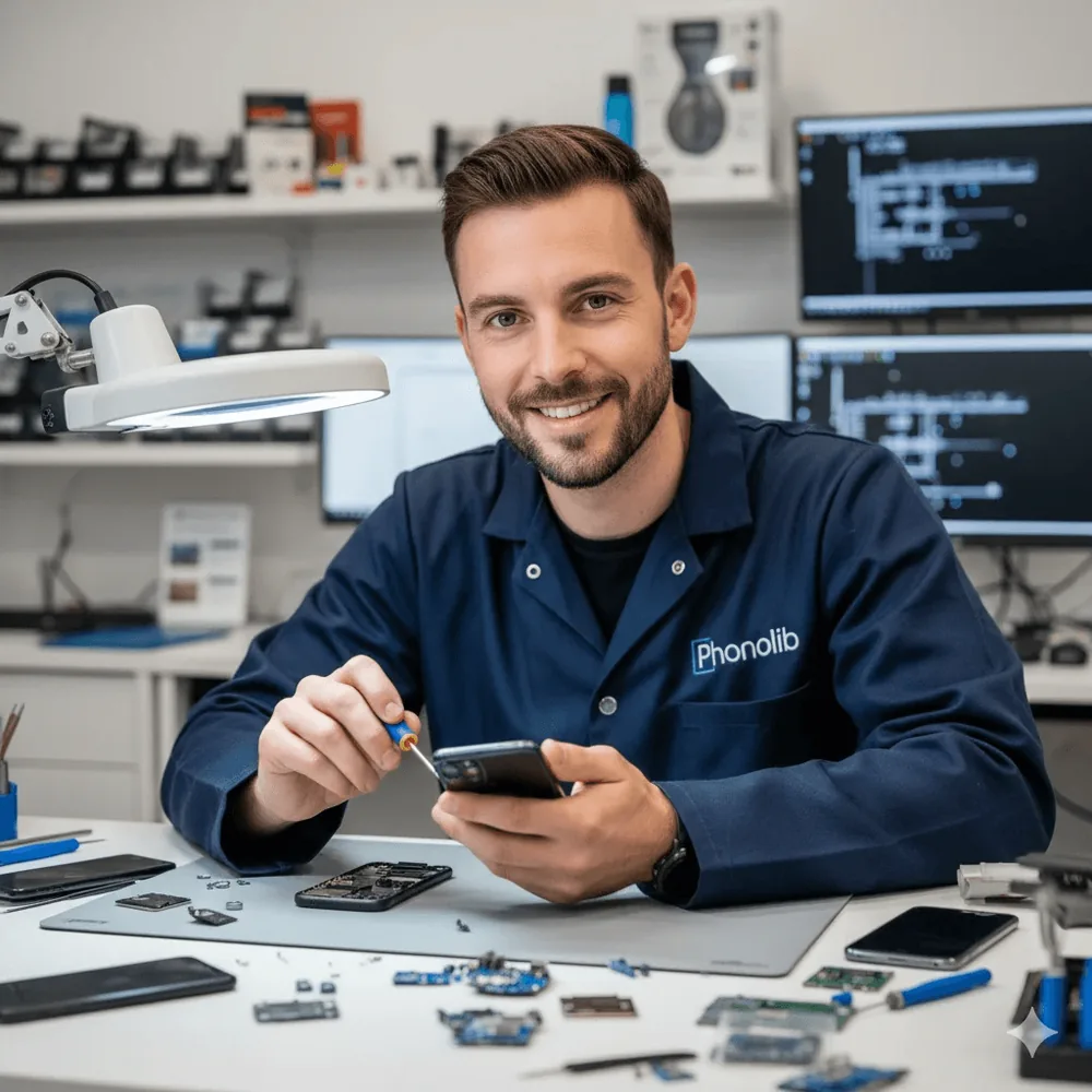 Un technicien Phonodesk souriant, un smartphone à la main dans son atelier